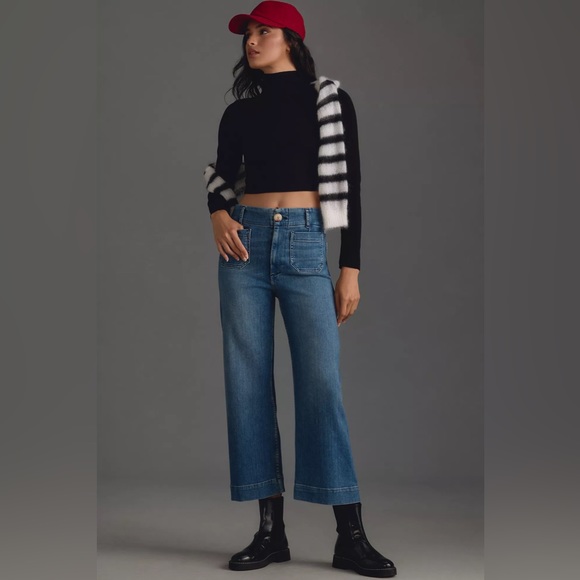 The Colette Denim Cropped Wide-Leg Jeans by Maeve denim medium blue (current). - Picture 1 of 8